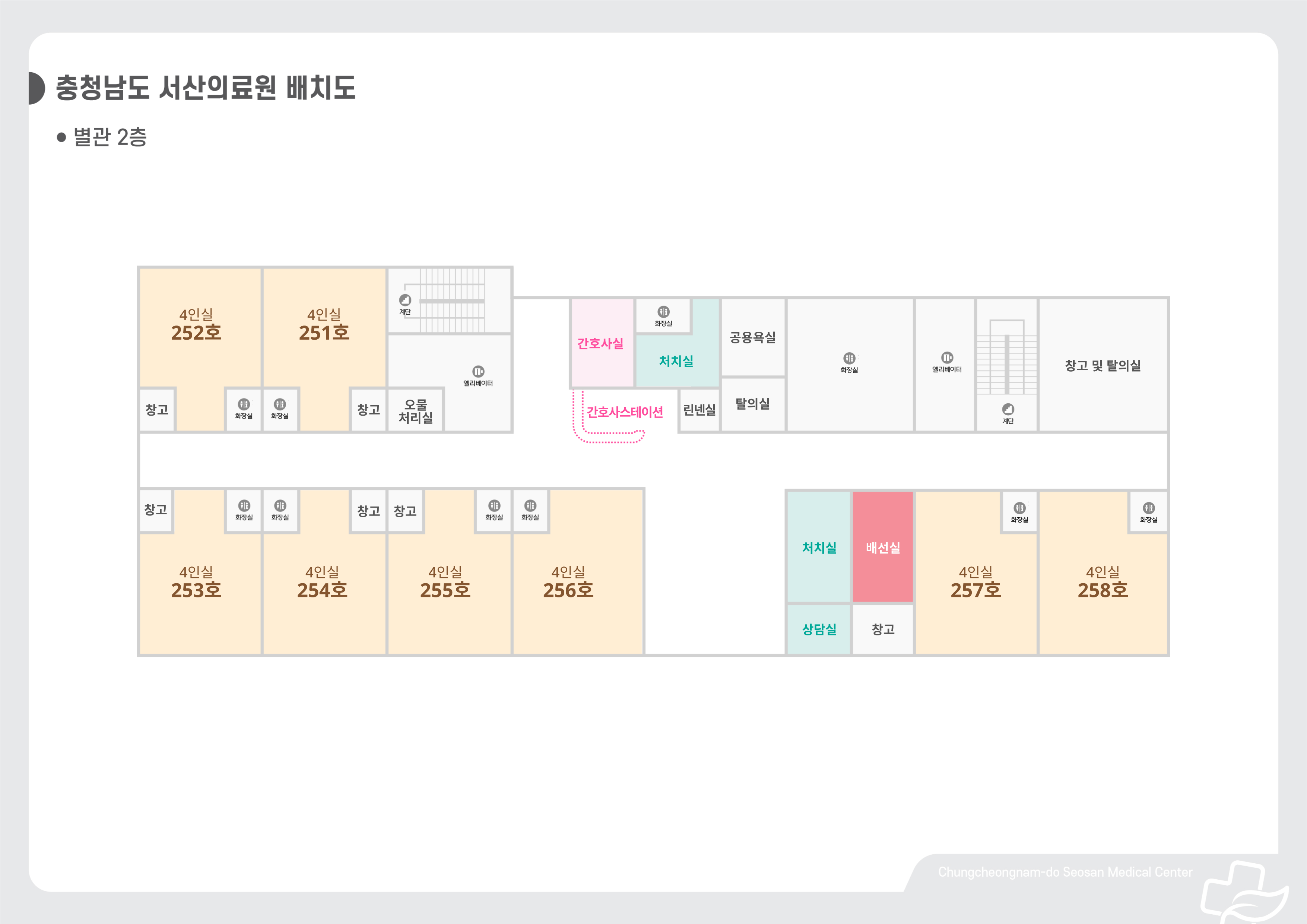 별관 2층 - 25병동, 간호사실, 저치실, 린넨실, 공용욕실, 탈의실, 창고및탈의실, 처치실, 상담실, 배선실,창고 